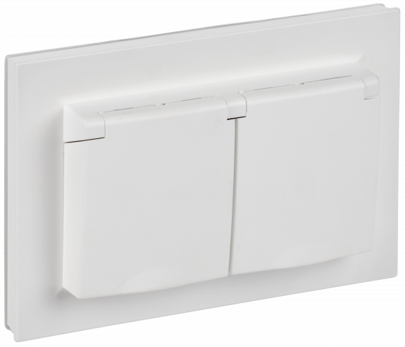 IEK BRITE Розетка 2-местная с заземлением с защитными шторками и крышкой 16А в сборе IP44 РСбш12-3-44-БрАБ арктический белый , BR-R26-16-44-K91-F