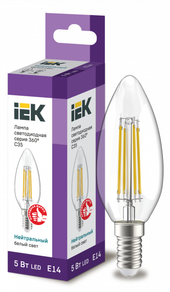 IEK Лампа светодиодная C35 свеча прозрачная 5Вт 230В 4000К E14 серия 360° IEK, LLF-C35-5-230-40-E14-CL