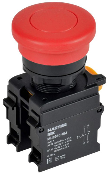 IEK Кнопка "Грибок" без фиксации d=22мм 1NO+1NC красная MASTER IEK, MI-BG60-11M-3-21-K04