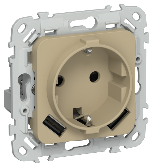 IEK FLITE Розетка 1-местная с заземлением с защитными шторками 16А с USB A+A 3,1А РСЮша11-0-ФлХ хаки IEK, FI-R14-16-U21-D31-K59