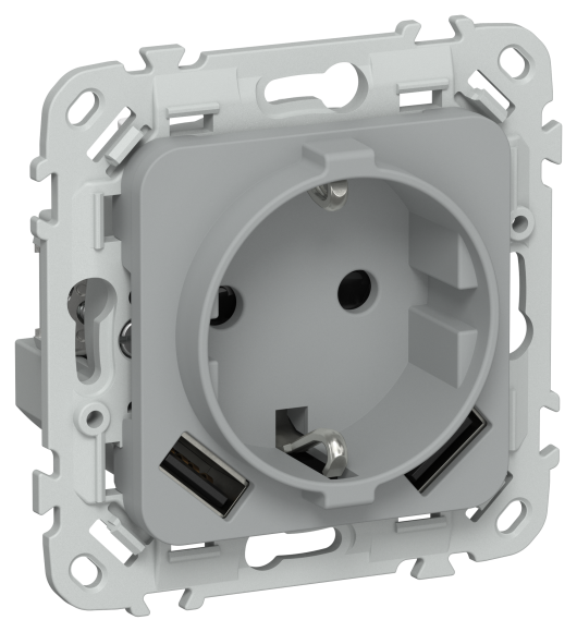 IEK FLITE Розетка 1-местная с заземлением с защитными шторками 16А с USB A+A 3,1А РСЮша11-0-ФлС серый IEK, FI-R14-16-U21-D31-K03