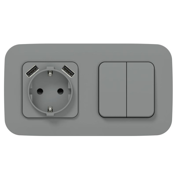 IEK FLITE Розетка 1-местная с заземлением с защитными шторками 16А с USB A+A 3,1А РСЮша11-0-ФлС серый IEK, FI-R14-16-U21-D31-K03