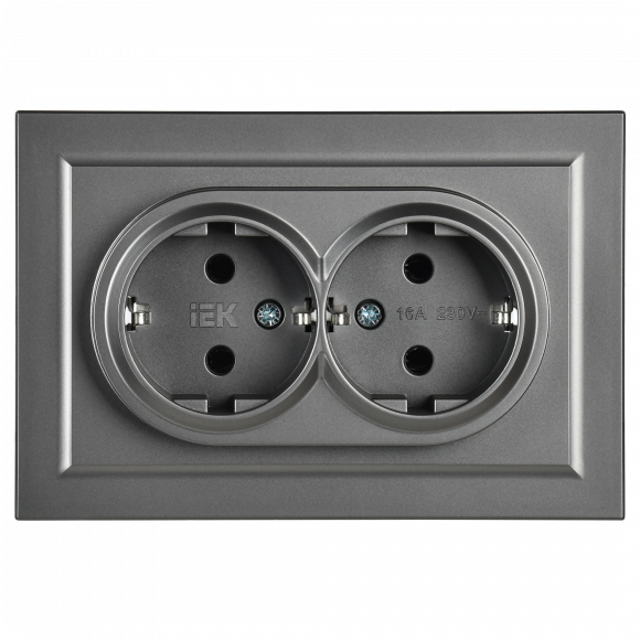 IEK BRITE Розетка 2-местная с заземлением без защитных шторок 16А в сборе РС12-3-БрС сталь , BR-R21-16-K46-F