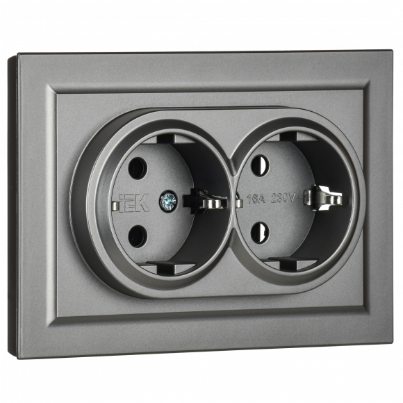 IEK BRITE Розетка 2-местная с заземлением без защитных шторок 16А в сборе РС12-3-БрС сталь , BR-R21-16-K46-F