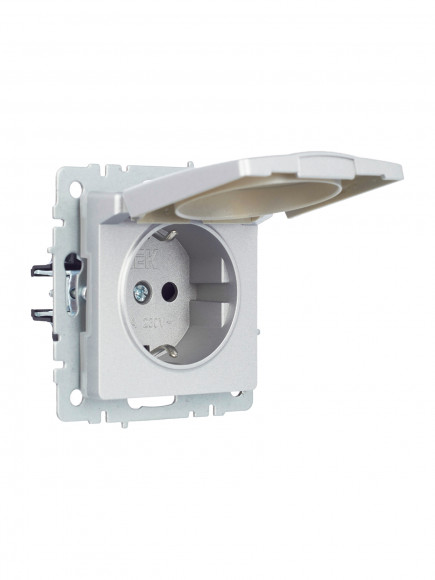 IEK BRITE Розетка 1-местная с заземлением с защитными шторками и крышкой 16А IP44 РСбш10-3-44-БрА алюминий IEK, BR-R16-16-44-K47