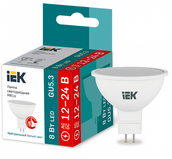 IEK Лампа светодиодная MR16 софит 8Вт 12-24В 4000К GU5,3 IEK, LLE-MR16-08-12-24-40-GU5