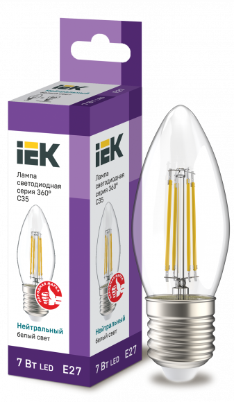 IEK Лампа светодиодная C35 свеча прозрачная 7Вт 230В 4000К E27 серия 360° IEK, LLF-C35-7-230-40-E27-CL
