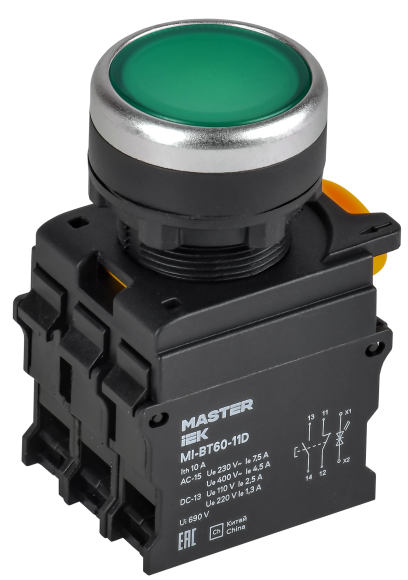 IEK Кнопка с подсветкой d=22мм 1NO+1NC зелёная MASTER IEK, MI-BT60-11D-3-12-K06