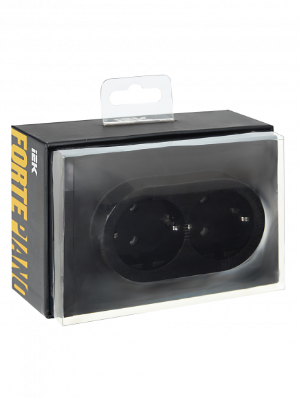 IEK FORTE&PIANO Розетка 2-местная с заземлением без защитных шторок безвинтовое крепление 16А FP124 черный , FP-R21-16-1-K02