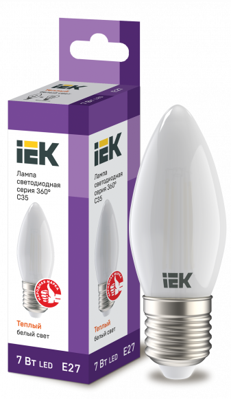 IEK Лампа светодиодная C35 свеча матовая 7Вт 230В 3000К E27 серия 360° IEK, LLF-C35-7-230-30-E27-FR