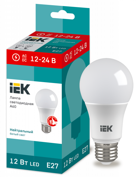 IEK Лампа светодиодная A60 груша 12Вт 12-24В 4000К E27 IEK, LLE-A60-12-12-24-40-E27