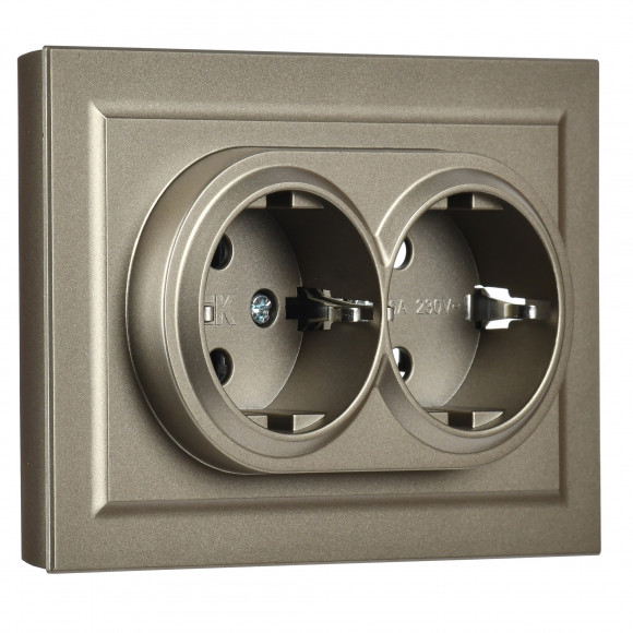 IEK BRITE Розетка 2-местная с заземлением без защитных шторок 16А в сборе РС12-3-БрШ шампань , BR-R21-16-K37-F