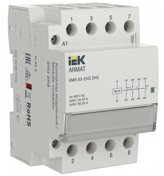 IEK ARMAT Контактор модульный KMR 63А 230В AC 2НО 2НЗ IEK, AR-KMR10-063-22-230