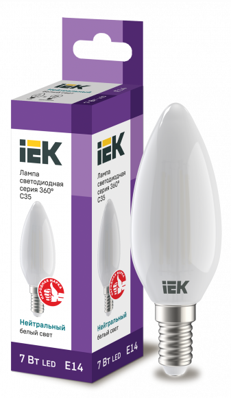 IEK Лампа светодиодная C35 свеча матовая 7Вт 230В 4000К E14 серия 360° IEK, LLF-C35-7-230-40-E14-FR
