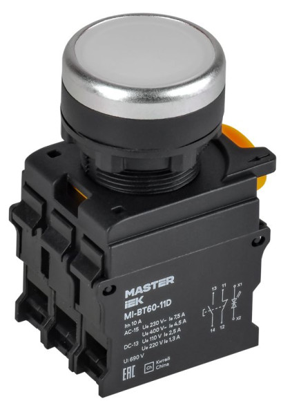 IEK Кнопка с подсветкой d=22мм 1NO+1NC белая MASTER IEK, MI-BT60-11D-3-12-K01