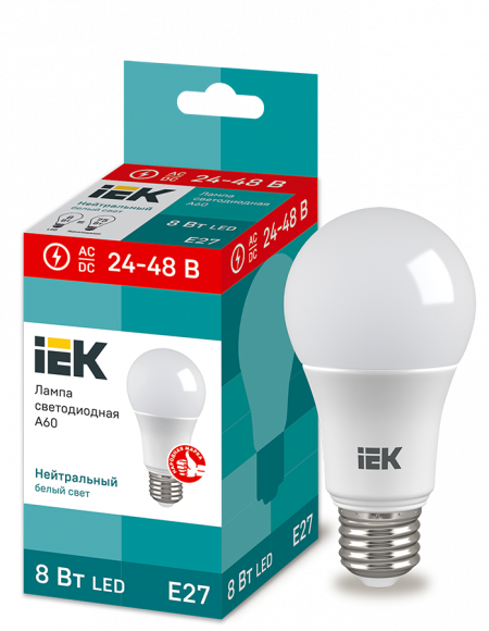 IEK Лампа светодиодная A60 груша 8Вт 24-48В 4000К E27 IEK, LLE-A60-08-24-48-40-E27