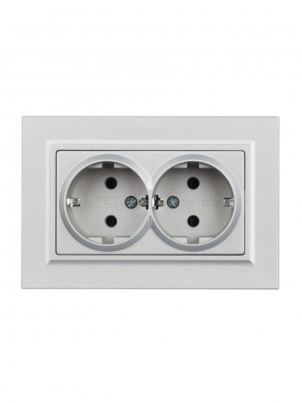 IEK BRITE Розетка 2-местная с заземлением с защитными шторками 16А в сборе РСш12-3-БрА алюминий , BR-R24-16-K47-F