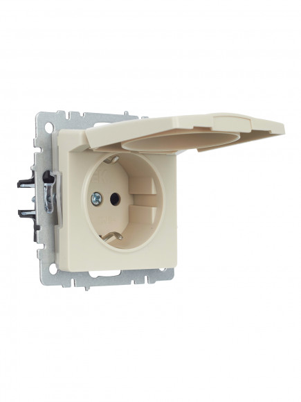IEK BRITE Розетка 1-местная с заземлением с защитными шторками и крышкой 16А IP44 РСбш10-3-44-БрКр бежевый , BR-R16-16-44-K10