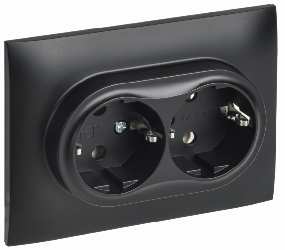 IEK SKANDY Розетка 2-местная с заземлением без защитных шторок 16А в сборе SK-R08Bl черный , SK-R21-16-K02-F