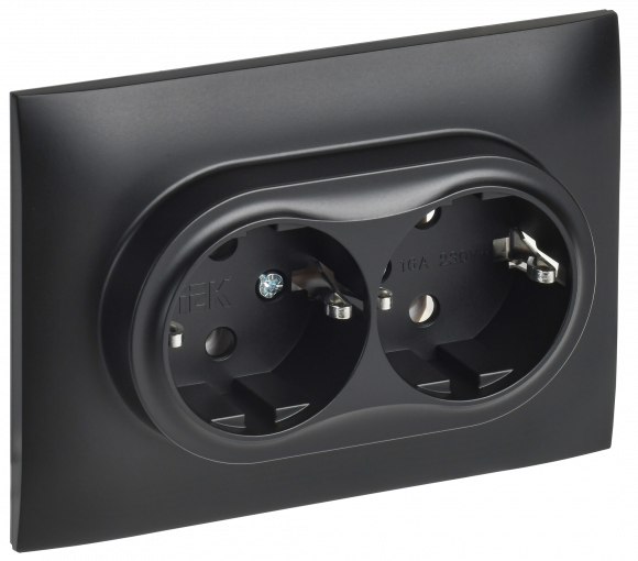 IEK SKANDY Розетка 2-местная с заземлением без защитных шторок 16А в сборе SK-R08Bl черный , SK-R21-16-K02-F