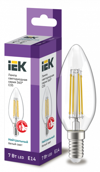 IEK Лампа светодиодная C35 свеча прозрачная 7Вт 230В 4000К E14 серия 360° IEK, LLF-C35-7-230-40-E14-CL