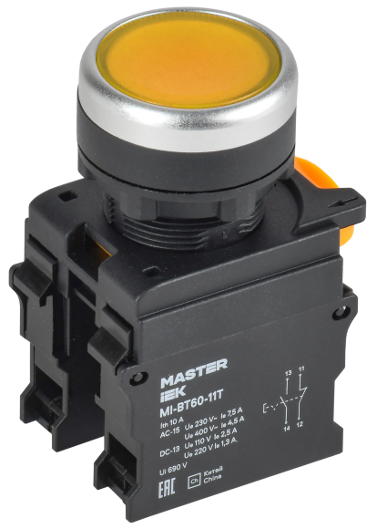 IEK Кнопка с фиксацией d=22мм 1NO+1NC жёлтая MASTER IEK, MI-BT60-11T-3-21-K05