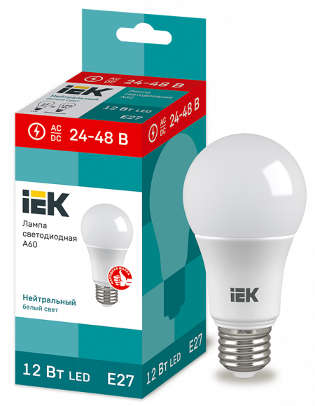 IEK Лампа светодиодная A60 груша 12Вт 24-48В 4000К E27 IEK, LLE-A60-12-24-48-40-E27