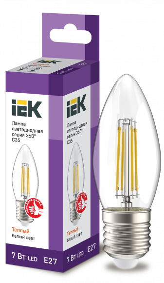 IEK Лампа светодиодная C35 свеча прозрачная 7Вт 230В 3000К E27 серия 360° IEK, LLF-C35-7-230-30-E27-CL