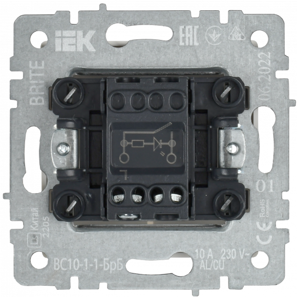 IEK BRITE Выключатель 1-клавишный с индикацией 10А ВС10-1-1-БрБ белый , BR-V10-1-10-K01