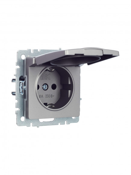 IEK BRITE Розетка 1-местная с заземлением с защитными шторками и крышкой 16А IP44 РСбш10-3-44-БрС сталь , BR-R16-16-44-K46