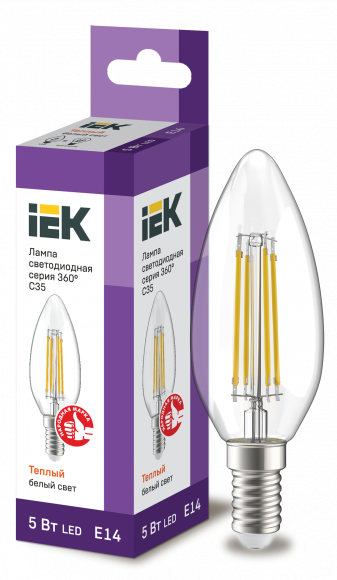 IEK Лампа светодиодная C35 свеча прозрачная 5Вт 230В 3000К E14 серия 360° IEK, LLF-C35-5-230-30-E14-CL
