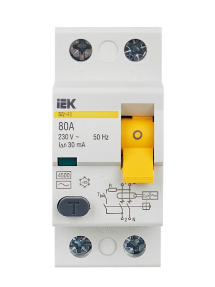 IEK Выключатель дифференциальный (УЗО) ВД1-63 2Р 80А 30мА IEK, MDV10-2-080-030 IEK Выключатель дифференциальный (УЗО) ВД1-63 2Р 80А 30мА IEK, MDV10-2-080-030