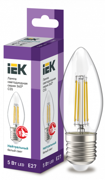 IEK Лампа светодиодная C35 свеча прозрачная 5Вт 230В 4000К E27 серия 360° IEK, LLF-C35-5-230-40-E27-CL