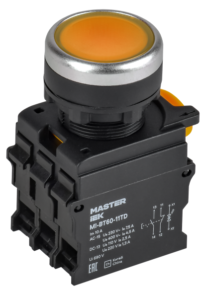IEK Кнопка с подсветкой и фиксацией d=22мм 1NO+1NC жёлтая MASTER IEK, MI-BT60-11TD-3-11-K05 IEK Кнопка с подсветкой и фиксацией d=22мм 1NO+1NC жёлтая MASTER IEK, MI-BT60-11TD-3-11-K05