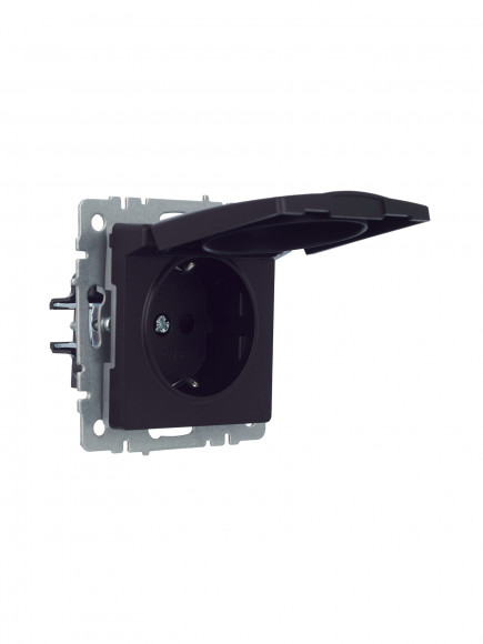 IEK BRITE Розетка 1-местная с заземлением с защитными шторками и крышкой 16А IP44 РСбш10-3-44-БрЧ черный , BR-R16-16-44-K02