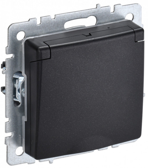 IEK BRITE Розетка 1-местная с заземлением с защитными шторками и крышкой 16А IP44 РСбш10-3-44-БрЧ черный IEK, BR-R16-16-44-K02