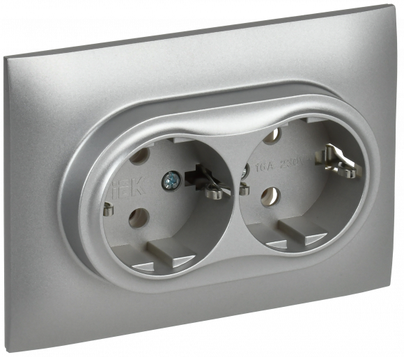 IEK SKANDY Розетка 2-местная с заземлением без защитных шторок 16А в сборе SK-R08S серебряный , SK-R21-16-K23-F