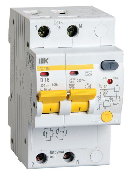 IEK KARAT Дифференциальный автомат АД12M 2P B16 30мА тип A IEK, MAD12-2-016-B-030