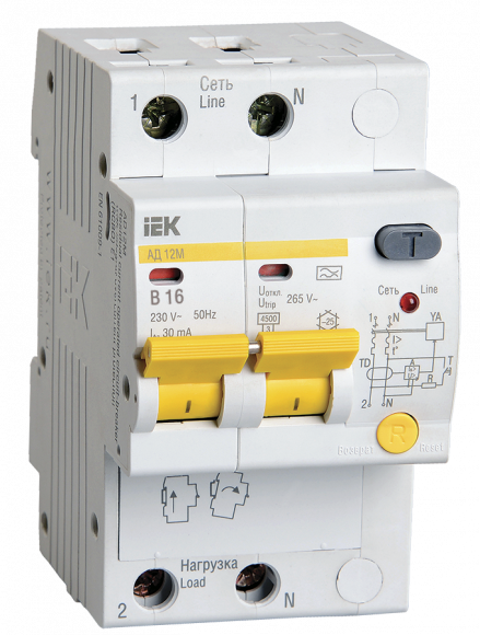 IEK KARAT Дифференциальный автомат АД12M 2P B16 30мА тип A IEK, MAD12-2-016-B-030