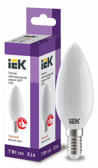 IEK Лампа светодиодная C35 свеча матовая 7Вт 230В 3000К E14 серия 360° IEK, LLF-C35-7-230-30-E14-FR