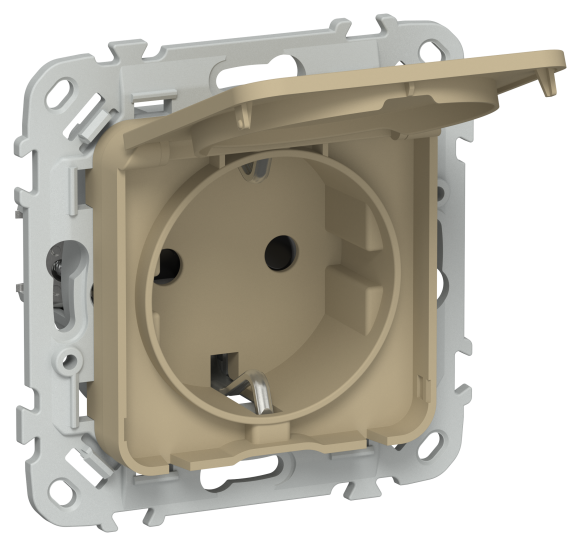 IEK FLITE Розетка с заземлением с защитными шторками и крышкой безвинтовое крепление 16А IP44 РСшкр11-1-44-ФлХ хаки IEK, FI-R16-16-1-44-K59