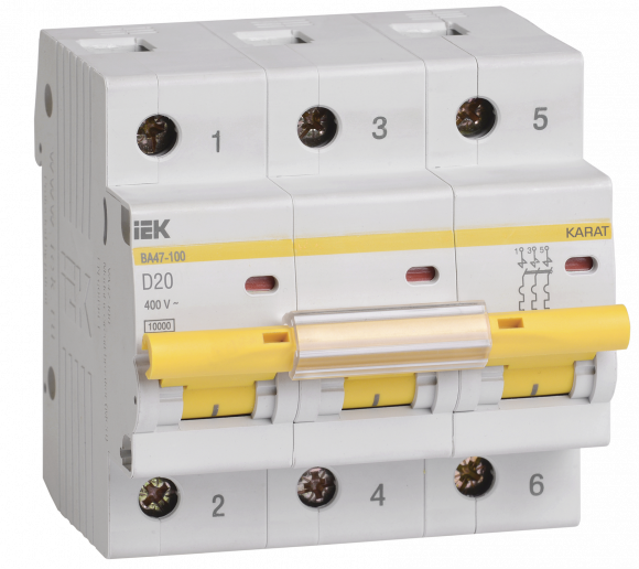 IEK KARAT Автоматический выключатель ВА47-100 3P D 20А 10кА IEK, MVA40-3-020-D