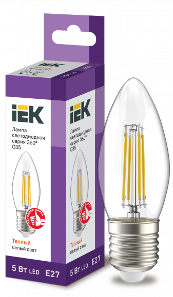 IEK Лампа светодиодная C35 свеча прозрачная 5Вт 230В 3000К E27 серия 360° IEK, LLF-C35-5-230-30-E27-CL