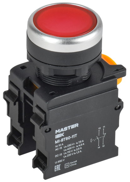 IEK Кнопка с фиксацией d=22мм 1NO+1NC красная MASTER IEK, MI-BT60-11T-3-21-K04