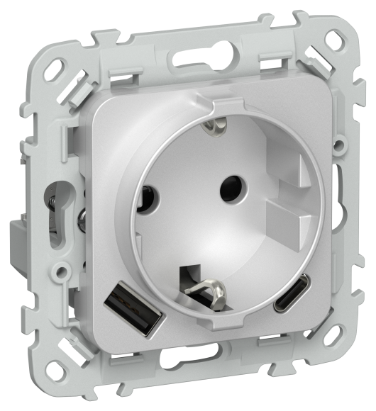 IEK FLITE Розетка 1-местная с заземлением с защитными шторками 16А с USB A+C 20Вт безвинтовое крепление РСЮшс11-1-ФлА алюминий IEK, FI-R14-16-1-U22-020-K47