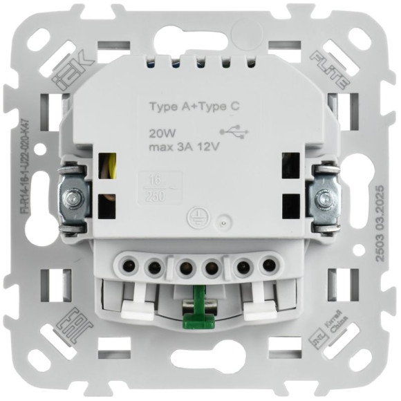 IEK FLITE Розетка 1-местная с заземлением с защитными шторками 16А с USB A+C 20Вт безвинтовое крепление РСЮшс11-1-ФлА алюминий IEK, FI-R14-16-1-U22-020-K47