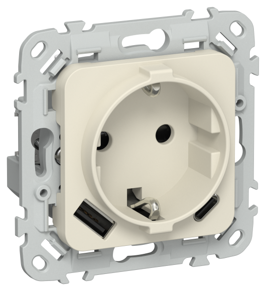IEK FLITE Розетка 1-местная с заземлением с защитными шторками 16А с USB A+C 20Вт РСЮшс11-0-ФлСл сливочный IEK, FI-R14-16-U22-020-K86