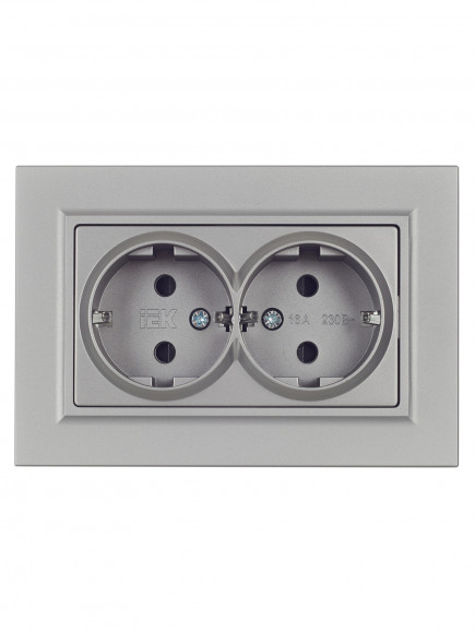 IEK BRITE Розетка 2-местная с заземлением с защитными шторками 16А в сборе РСш12-3-БрС сталь , BR-R24-16-K46-F