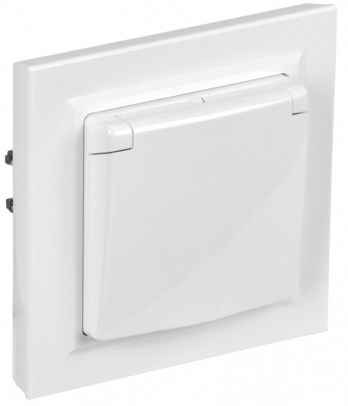 IEK BRITE Розетка 1-местная с заземлением с защитными шторками и крышкой 16А IP44 в сборе РСбш10-3-44-БрБ белый, BR-R16-16-44-K01-F-PRO