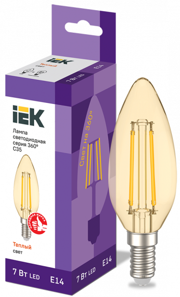 IEK Лампа светодиодная C35 свеча золото 7Вт 230В 2700К E14 серия 360° IEK, LLF-C35-7-230-30-E14-CLG